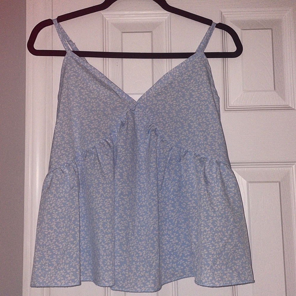 Shein Tank Top Blouse, Floral Print, Blue and White, size: M